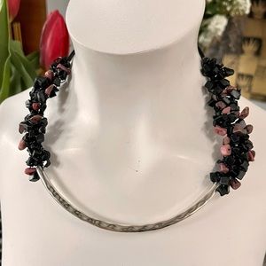 Onyx and rhodonite and silver tube necklace